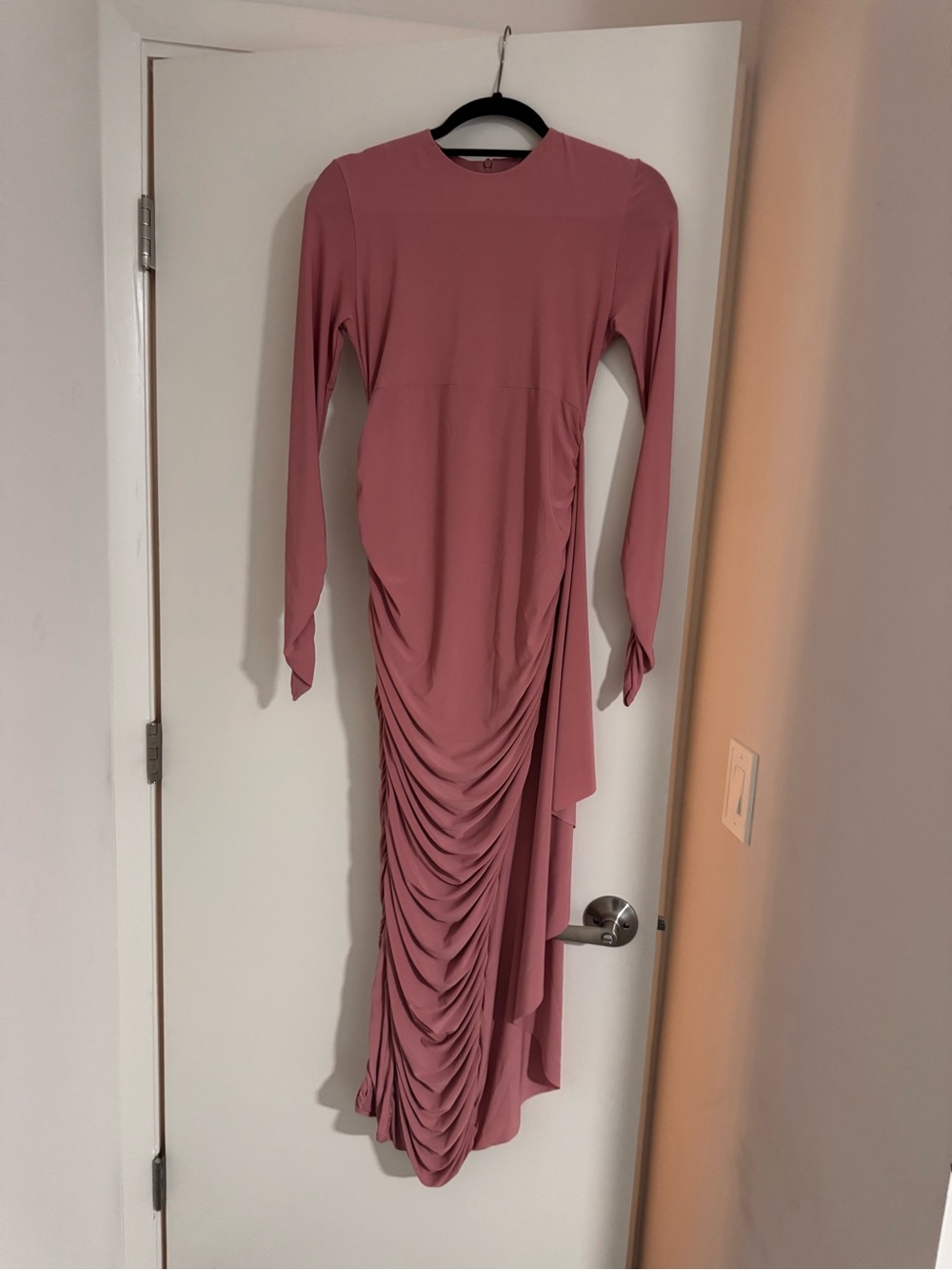 Club L London MATERNITY Long-Sleeve Ruched Maxi Dress in Dusty Rose